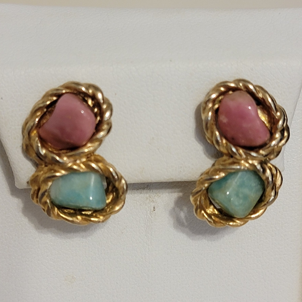 Vintage Swoboda Natural Stone Clip On Earrings Pink Green Gold Tone Signed